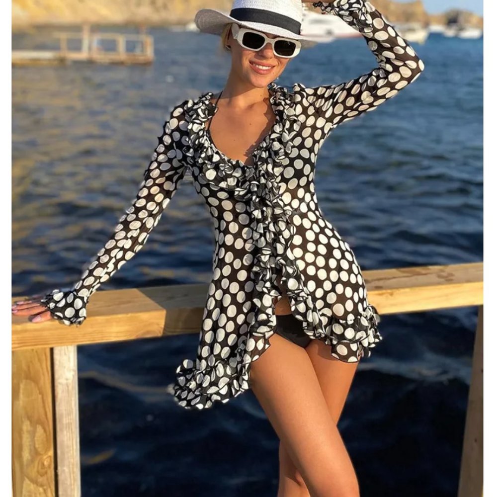 ZARA SEMI SHEER RUFFLED BLACK & WHITE POLKA DOT BLOUSE DRESS $129